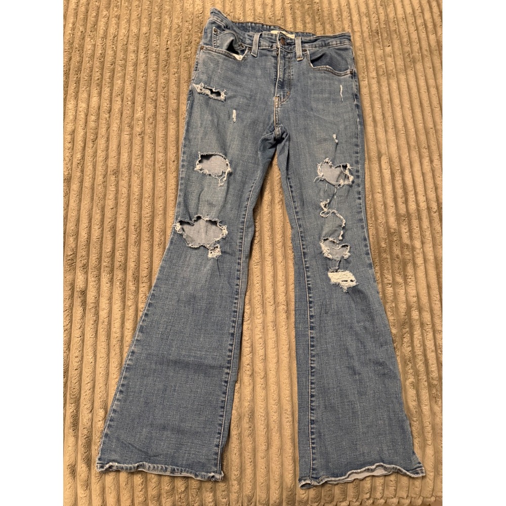 Levis 726 High Rise Flare Jeans Womens 30x32 Distressed Ripped Medium Wash Denim